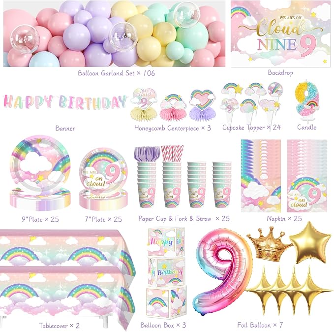 Cocomigo 303pcs On Cloud 9 Birthday Decorations for Girls, Worry-free One-stop Set for 25 Guests, with No-DIY Banner Thick Plates and Cupcake Toppers, Easy Setup for 9 Year Old Girl Birthday