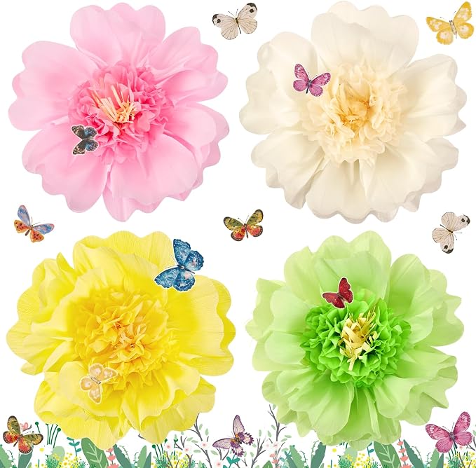 SUNBEAUTY 4 PCS Pastel Paper Flower Decorations 3D Butterflies Stickers Crepe Large Paper Flowers Tissue Paper Flowers for Wall Spring Garden Birthday Baby Shower Tea Easter Party Classroom Wedding