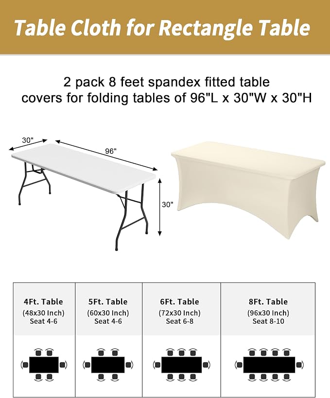 Fixwal Ivory Tablecloths for 8 Foot Rectangle Tables, 2 Pack Spandex Stretch Fitted Table Covers for Party, Trade Show, Banquet, Wedding, Buffet