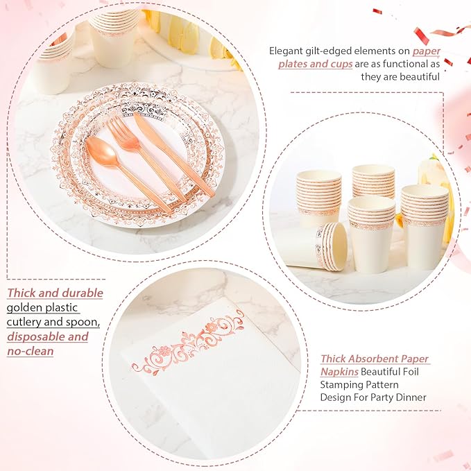 Didaey 700 Pcs Disposable Dinnerware Set for 100 Guests Include 200 Paper Plates, 300 Plastic Silverware, 100 Paper Cups, 100 Napkins for Wedding Birthday Party Supplies (White Rose Gold Pattern)