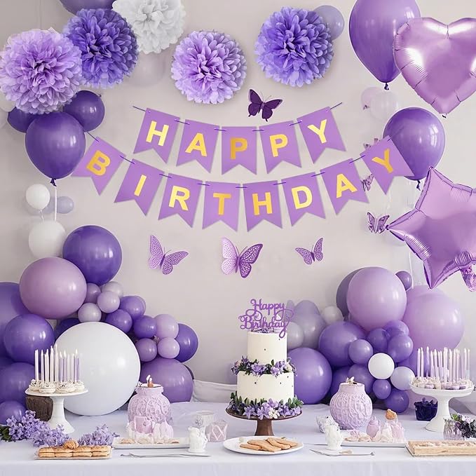 Purple Birthday Decorations, Happy Birthday Party Decorations with Happy Birthday Banner Butterfly Purple Balloons Pom Poms Foil Fringe Curtain for Party Birthday Decor