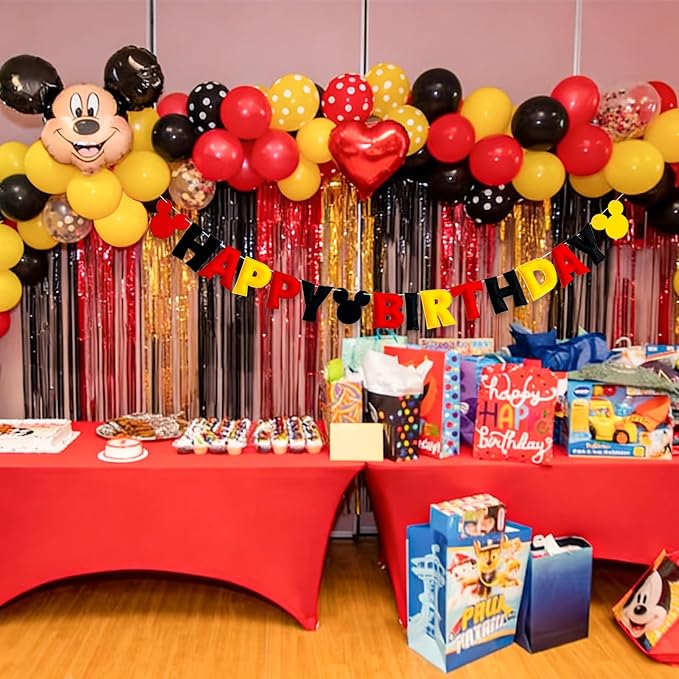 Reusable Cartoon Mouse Birthday Party Decorations - Pre-Strung Happy Birthday Banner with Red Black Yellow Mickey Style, Personalized Birthday Sign for Boys Girls Kids Babies Birthday Party Supplies