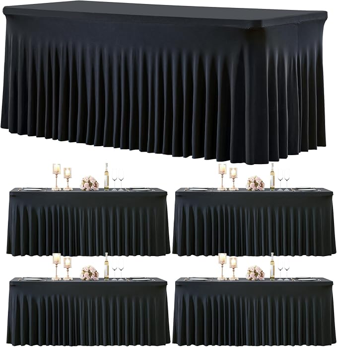 gogoparti 4 Pack Spandex Black Fitted Table Cloth for 6ft Rectangle Tables Black Stretch Tablecloth Table Covers Skirt Banquet Wrinkle Free Tablecloths for Parties Wedding
