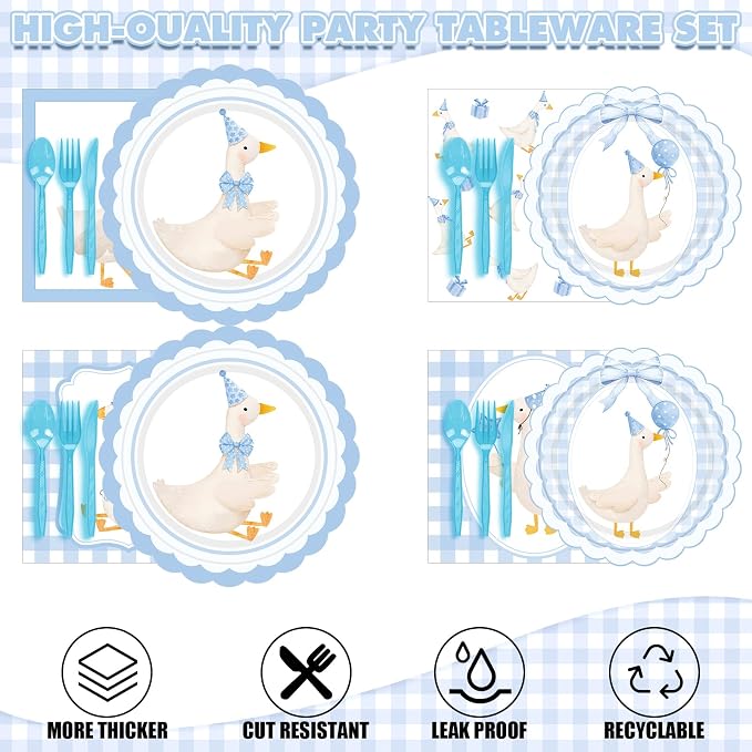 Zhehao 350 Pcs One Silly Goose Birthday Party Tableware Set Blue Bow Scalloped Baby Shower Plates Cup Napkins Forks for Birthday Party Decorations Supplies for 50 Guests