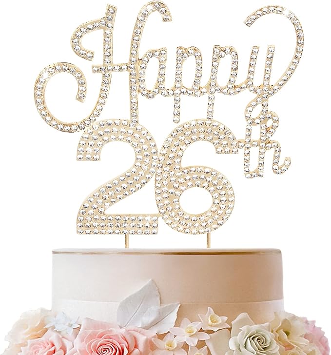 LINGTEER Happy 26th Birthday Gold Rhinestone Cake Topper - Cheers to 26th Birthday 26 Years Old Anniversary Party Cake Centerpieces Topper Decorations Gift Sign.
