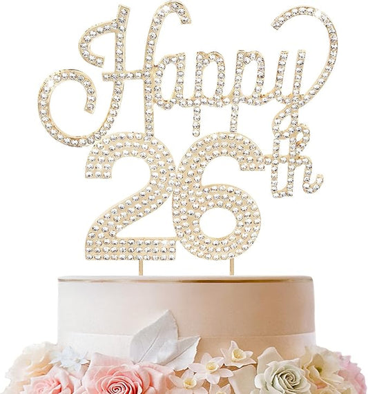 LINGTEER Happy 26th Birthday Gold Rhinestone Cake Topper - Cheers to 26th Birthday 26 Years Old Anniversary Party Cake Centerpieces Topper Decorations Gift Sign.