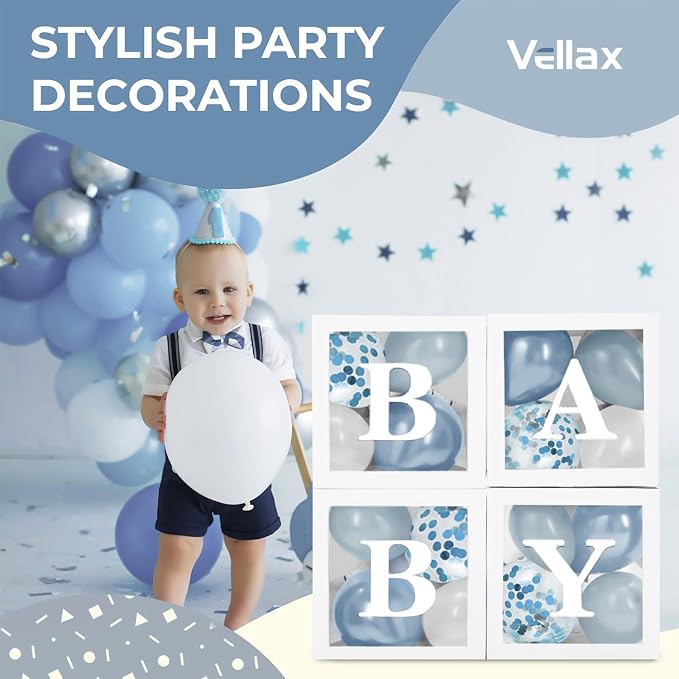 44-Piece Baby Shower Decorations for Boy or Girl - 4 Boxes with Letters and 32 Balloons - Dusty Blue and White (Boho Aesthetic) - Gender Reveal Party Supplies - Photo Shoot Backdrop