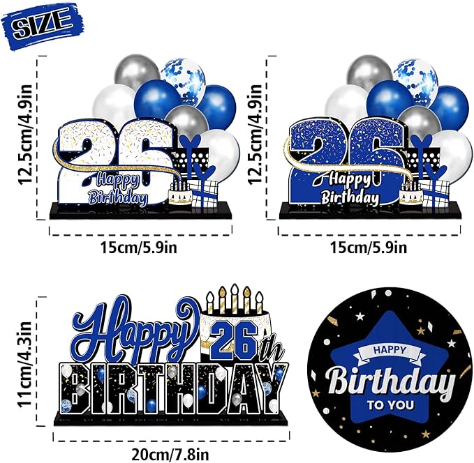 LINGTEER Happy 26th Birthday Blue Acrylic Table Topper Centerpieces Set - Cheers to 26 Years Old Birthday 26th Bday Party Gift Decorations.
