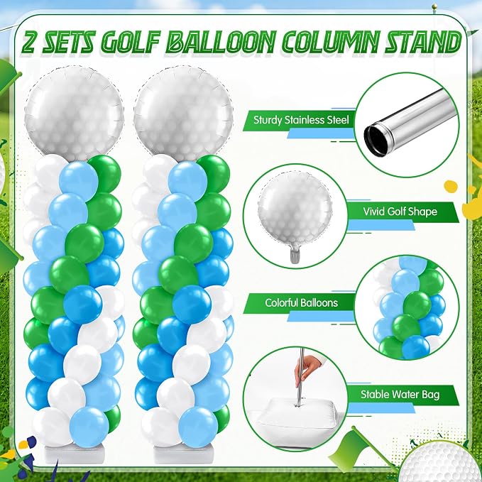 Kasyat 2 Set Golf Balloon Column Stand Kit with Adjustable Tower Stand Green and Blue Golf Arch Party Supplies for Clubs Decorations Sports Birthday Party Supplies