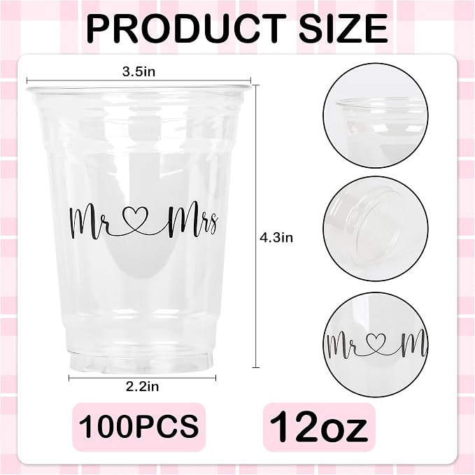 AimFun 50Pcs Mr and Mrs Plastic Cups Wedding Bridal Shower Disposable Party Cups Wedding Reception 12oz Clear Drinking Cup for Anniversary Birthday Party Supplies Decorations (100, Black)
