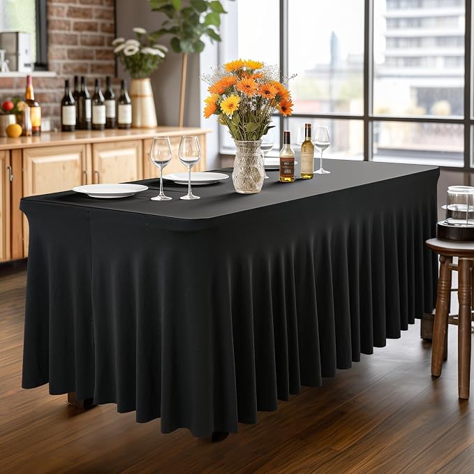 Wish Care 12 Pack Black Spandex Table Clothes for 6 Foot Rectangle Tables, 6FT Wrinkle Free Fitted Tablecloths Ruffles Design Table Cloth for Party, Banquet, Wedding and Events