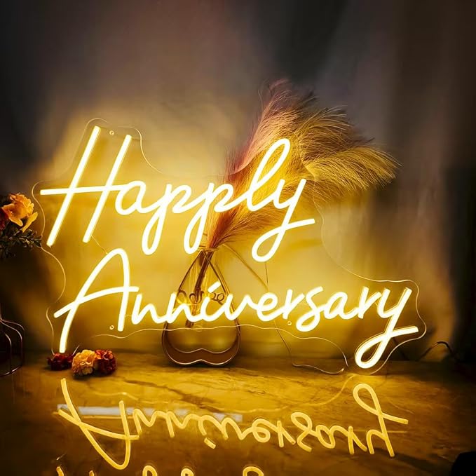 25X17" Large Happy Anniversary Neon Sign with Remote Dimmer, LED Celebratory Neon Lights Sign for Wedding Anniversary Party Wall Decor, Dimmable Light Up Sign for Livingroom, Bar, Shop, Warm White