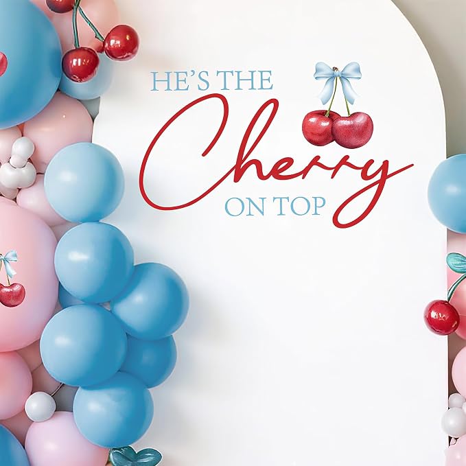 She’s The Cherry On Top Baby Shower Decorations - She’s The Cherry On Top Sign, Cherry Decal for Balloons Arch Backdrop, Blue First Birthday Decorations for Boys, 1St Party Supplies Banner for Boys