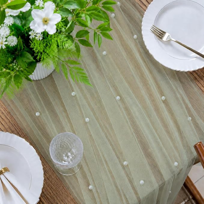 Pearl Sage Gauze Pearl Table Runner 120 Inch 10FT, Seasonal Sheer Dining Holiday Wedding Birthday Baby Shower Tulle Summer Table Decor for Home Party