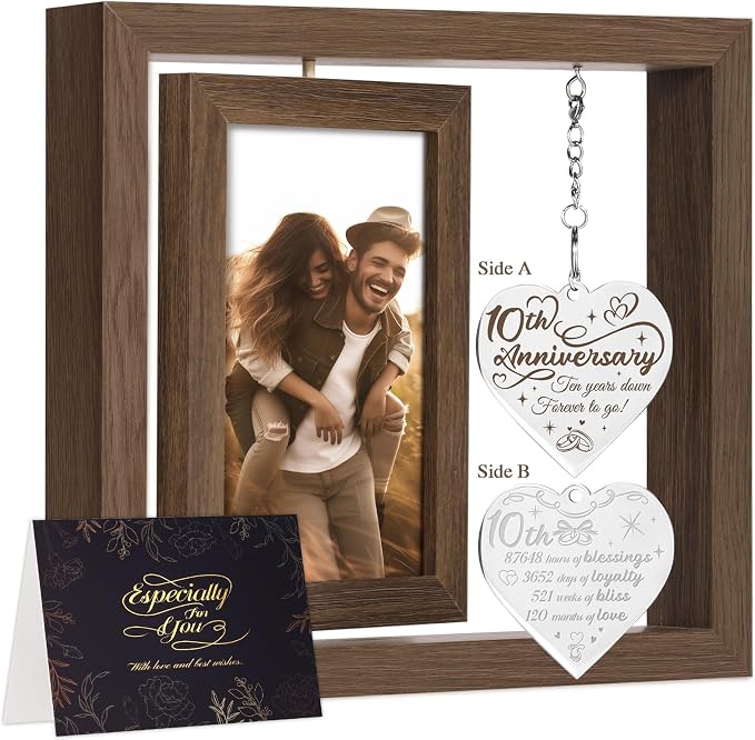 10 Year Anniversary Picture Frame Gifts for Him Her Couple Men Women Husband Wife, 10th Anniversary Wedding Gifts, Anniversary Wood Tin Gift, Traditional Ten Year tenth Anniversary Personalized Gift