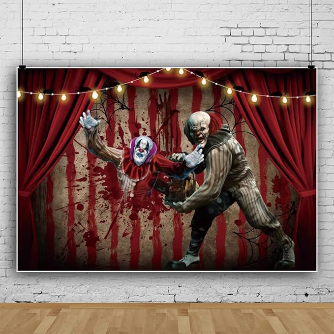 OERJU 7x5ft Halloween Evil Clown Backdrop Horror Scary Bloody Circus Carnival Photography Background Hallowmas Trick or Treat Birthday Party Banner Decoration Photo Booth Props