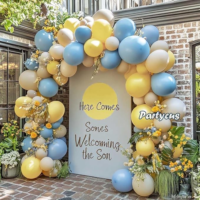 Blue Yellow Balloon Arch Kit Double Stuffed Light Yellow Pastel Blue White Sand Matte Balloon Garland for Baby Shower Bear Birthday Bridal to Bee Party Decoration