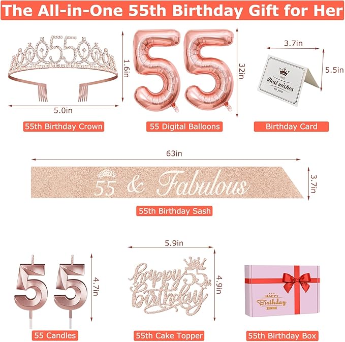 55 Birthday Decorations for Women, Including 55th Birthday Sash and Tiara, Cake Topper and Candles, Number Balloons, 55 Year Old Gifts for Women