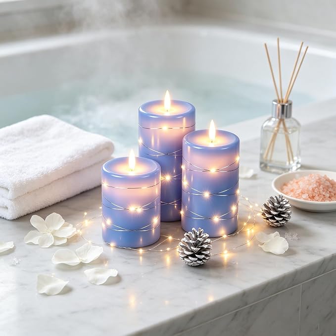 Da by 3 Pack Blue Real Wax Flameless Taper Candles, Lifelike Flickering LED Flame Candles with Surrounding Fairy String Lights, Soft Warm Battery Candles with Remote for Home Wedding Holiday Decor