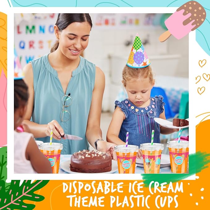 FoldTier 50 Pcs Ice Cream Birthday Party Plastic Cup 12 oz Cold Drinks Cups Boy or Girl Thick Clear Cup Birthday Party Supplies Disposable Cups with Lids for Iced Coffee, Smoothie, Milkshake
