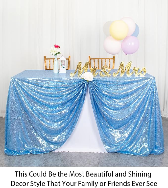 ShiDianYi Rectangular Sequin Tablecloth - Baby Blue 90x132-Inch Light Blue Fabric Glitter Table Linen Cover for Prom, Birthday, Wedding Reception Decoration