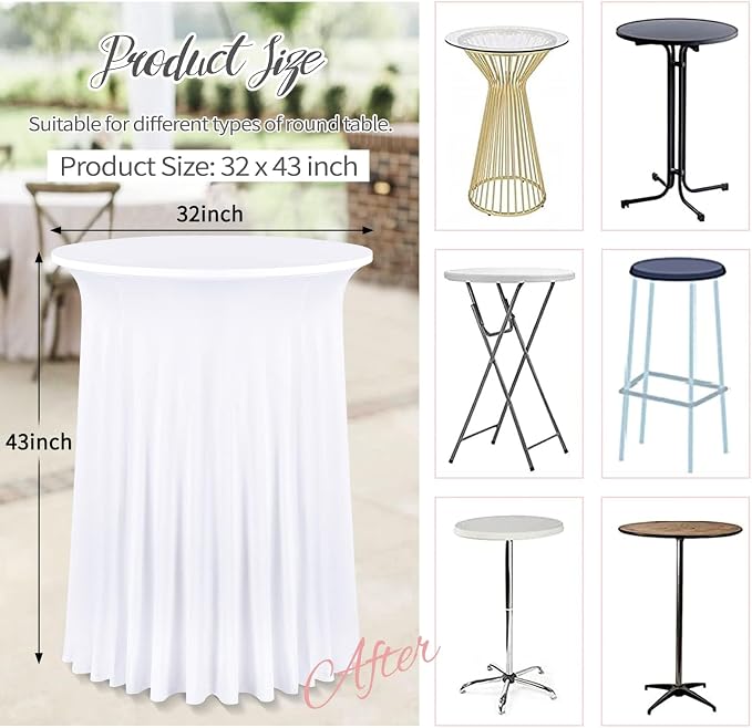 10 Packs 32"x 43" Round Cocktail Table Skirt, Spandex Fitted High Top Table Skirt, Spandex Stretch Cocktail Tablecloth for Wedding Party Bar Banquet Birthday Tables(White)