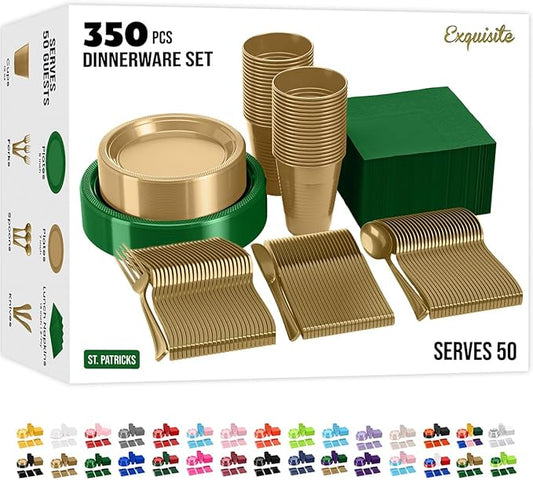 Exquisite 350 Pcs St. Patricks Plastic Plates For Party St. Patricks Disposable Plates Set, 50 Of Each 9" Dinner Plate Set, 7" Dessert Plate, Cups, Napkins & Cutlery Plastic Dinnerware