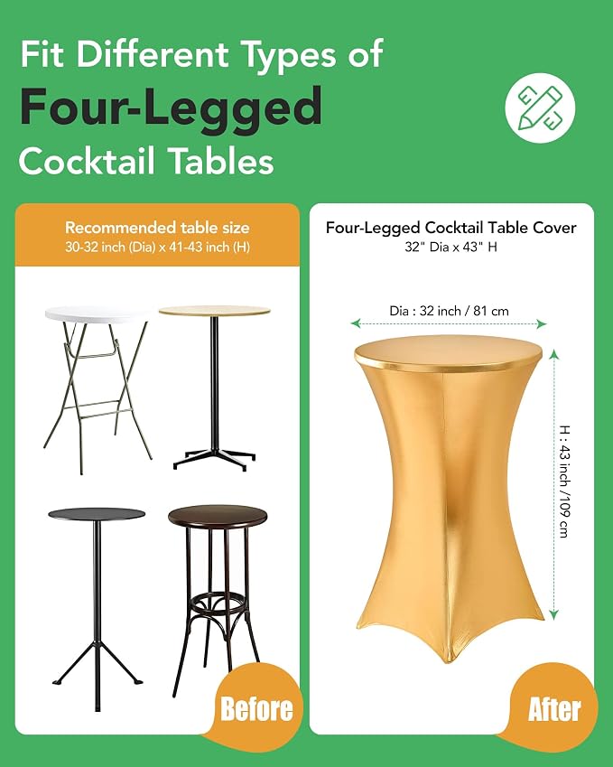 Cocktail High Top Table Covers - 32x43 Inch Fitted Spandex Round Cocktail Tablecloth for Bar Height Standing Table Cloths Reusable, for Party Wedding Banquet Event Decorations, Shiny Gold, 8 Pack