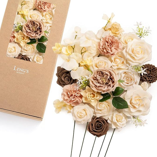 Ling's Moment Fake Flowers Box, Faux Peony Artificial Dahlia Foam Roses Silk Carnation for Centerpiece Bouquet Wedding Floral Arrangement Bridal Shower Party, Earth Brown & Butter Yellow, Deluxe Combo