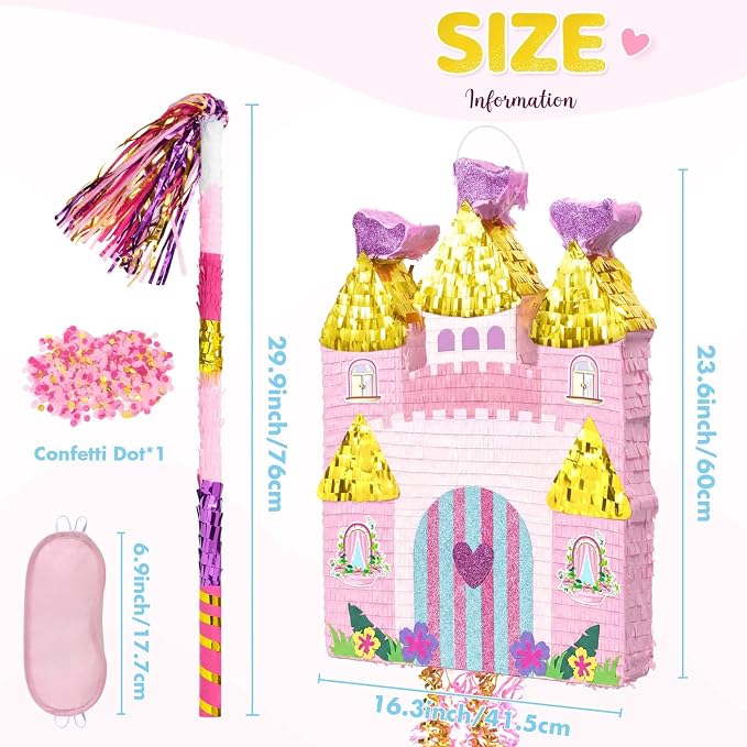 WERNNSAI Large Princess Castle Piñata - 23.6”x 16.3”Princess Birthday Party Decorations Pink Piñata with Blindfold and Bat for Girls Family Game Birthday Party Supplies Castle Design