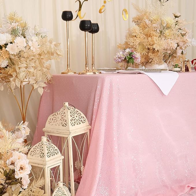 Eternal Beauty Pink Tablecloth, 90x132 Inch Sequin Rectangle Table Cover for Valentines Cake Dessert Exhibition Party Birthday Events