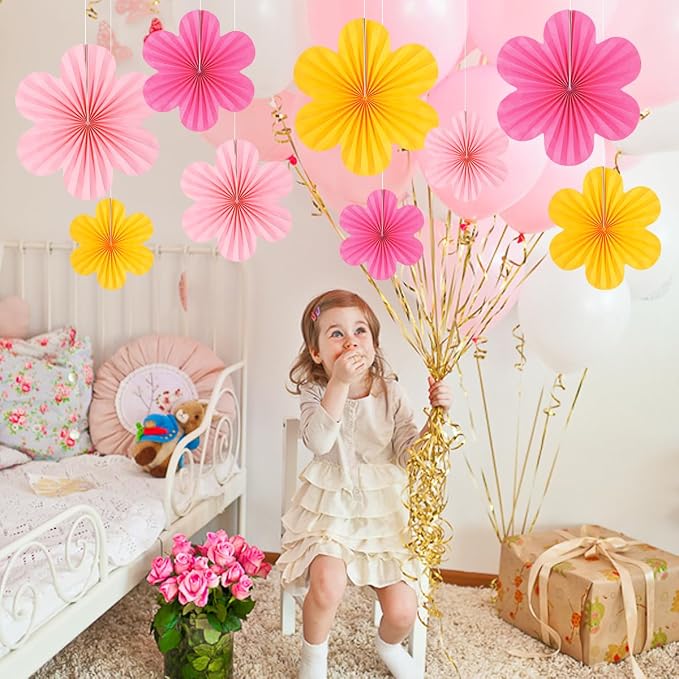 DODOKIM Paper Fans Party Decorations Paper Flowers Decorations for Wall Floral Backdrop Classroom Baby Shower Birthday Party Flower Wall Decor Pack of 9 Pink Yellow