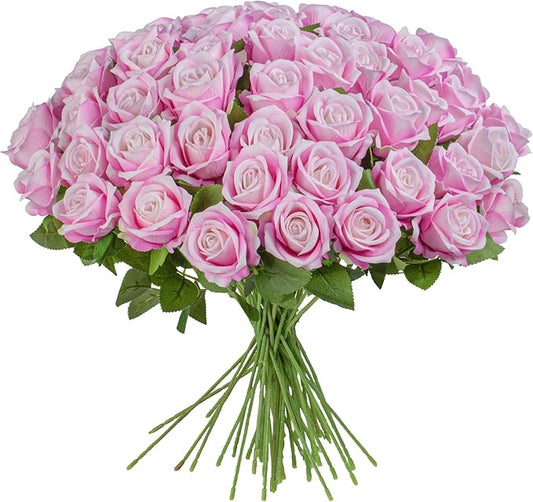 Artificial Flowers Roses Touch Fake Rose Bouquet Flower Stem Fo Wedding Centerpieces DIY Wreath Home Decorations Silk Roses Fo Mothers Party Fake Outdoor Flowers Decor 19.6"(Deep Pink 50PCS)