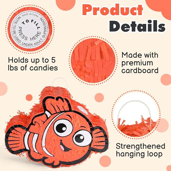 Nemo Pinatas Bundle with a Blindfold and a Bat(16.5 x 12.6 x 4 Inches), Perfect for kid's Birthday Parties, Mexican Theme Parties, Decorations