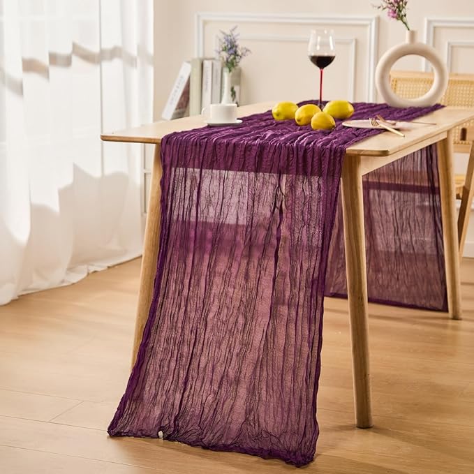 3 Pack Royal Purple Spring Table Runner Boho Cheesecloth Table Runners Bulk 10 ft Gauze Sheer Mother's Day Table Centerpieces for Wedding Ceremony Anniversary Bridal Baby Shower Banquet