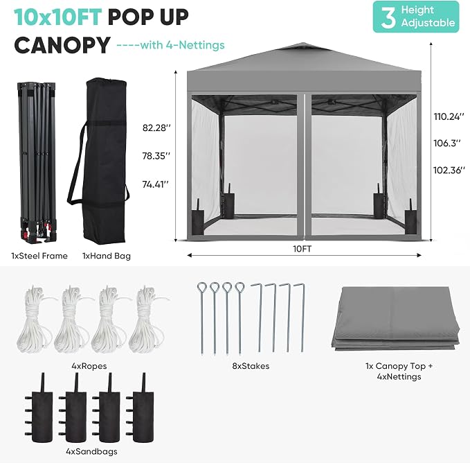 GDY 10x10 Pop-up Canopy Tent with 4-Mosquito Nettings, Outdoor Screen Gazebo with 4 Sandbags, 4 Ropes & 8 Stakes, 3-Level Height Adjustment for Patio, Camping, and Backyard, Grey