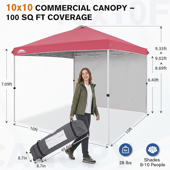 EAGLE PEAK Commercial Canopy 10x10 Pop Up Canopy Tent with 1 Sidewall, Easy Setup Heavy Duty Instant Event Shelter for Vendors & Markets, Outdoor Sun Shade, Peach Pink