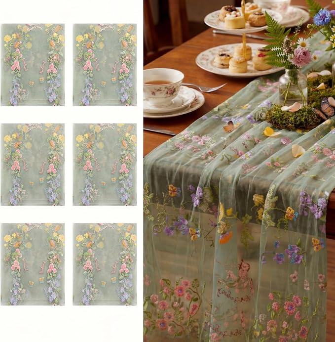 Sage Green Floral Table Runner 10ft Embroidery Tulle Spring Wildflower Gauze Table Runner Seasonal Summer Butterfly Kitchen Dining Decoration for Wedding Baby Shower Birthday Party (6 Pcs)