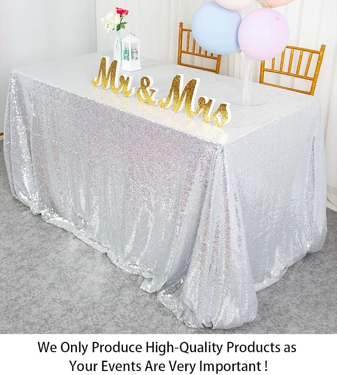 ShiDianYi Rectangular Sequin Tablecloth - Silver 90x132-Inch Fabric Overlay - Glitter Table Linen Cover for Prom, Birthday, Wedding Reception Decoration