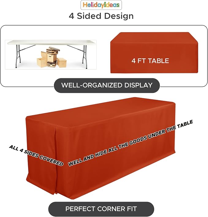 HolidayIdeas 4-Pack 8ft Rust Fitted Tablecloth for Fall Festival | 4-Sided coverage wrinkle resistant tablecloths for thanksgiving halloween craft fair decor