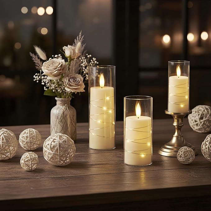 Raycare Flameless Candle with Remote Timer 7 Flickering Acrylic Battery Operated LED Pillar Candles with Embedded Star String for Christmas, Wedding, Home Table Decor, and as a Gift (Ivory White)