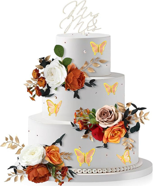 Leinuosen 14 Pcs Wedding Cake Flowers Set Include 3 Burnt Orange Flowers for Cake Decorating 1 Wood Mr & Mrs Toppers 10 Butterfly Decoration Cakes Topper for Wedding Anniversary Birthday Party Decor