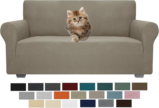JIVINER High Stretch 1-Piece Jacquard Small Checks Couch Covers for 2 Cushion Couch Anti Slip Love Seat Sofa Covers Loveseat Slipcovers Protector for Kids Pets (Loveseat, Khaki)