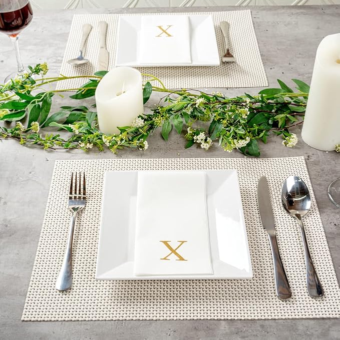 Luxenap 15.8 X 7.9 Inch Linen-Feel Guest Towels, 50 Lettered Hand Towels - Gold Letter 'X', Sans Serif Font, White Paper Dinner Napkins, airlaid, For Restrooms And Tables - Restaurantware