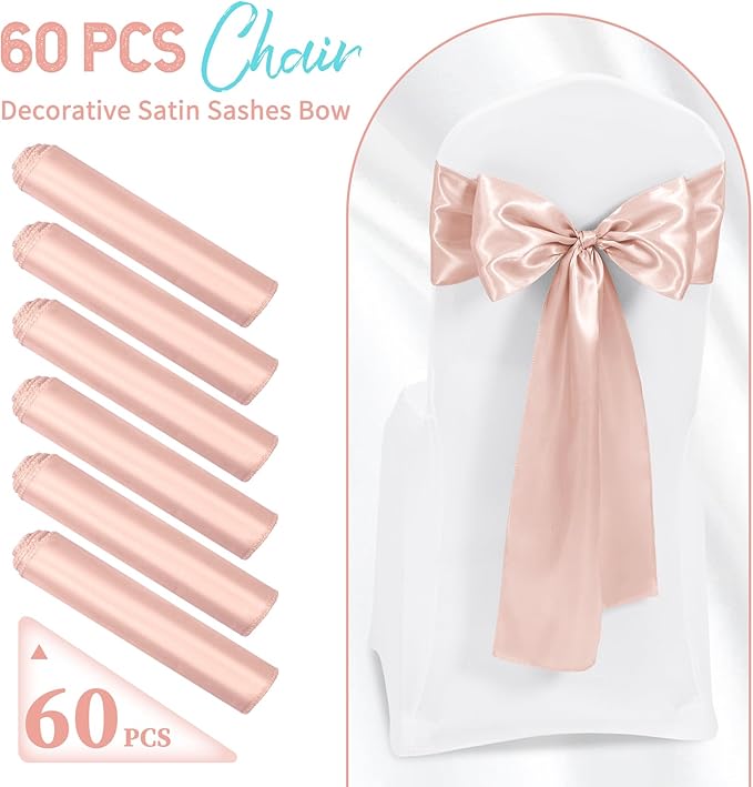 60 PCS Rose Gold Satin Chair Sashes, Ties Bows Designed Chairs Decorative, Chair Cover Sashes for Thanksgiving Wedding Christmas Banquet Party Home Kitchen Decoration (7 x 108 inch)