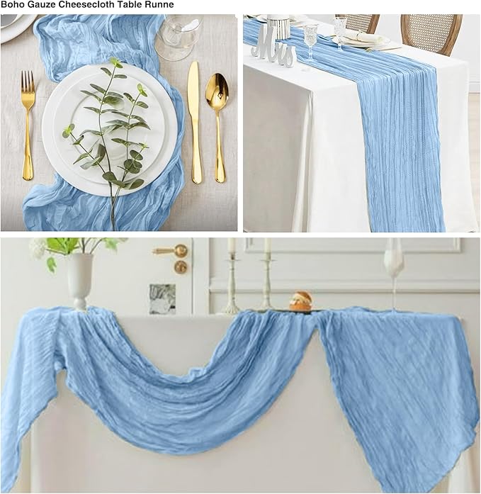 20 Pack Light Blue Cheesecloth Table Runner 17x108 Inch Boho Wrinkled Sheer Gauze Cheese Cloth Table Runner Bulk Decor for Wedding, Bridal Shower, Birthday Party