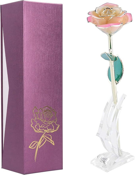 Ejoyous Mothers Day Rose Gift for Mom, 24K Gold Dipped White Rose Forever Preserved Rose Flower with Crystal Stand for Valentine's Day, Christmas, Birthday, Anniversary