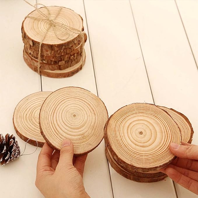 100PCS 3.5-4 Inch Natural Wood Slices, Unfinished Wood Slices 0.4 Inch Thick Wood Rounds Wood Coaster for Crafts, Painting, Ornaments