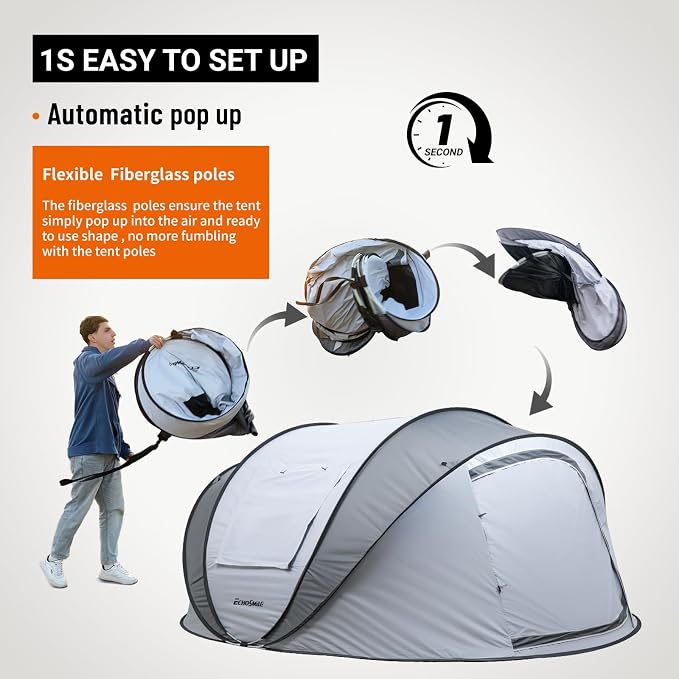 EchoSmile Pop Up Camping Tent, 2/4/6 Person Easy Setup Tent, Water Resistant Dome, Portable with Carry Bag
