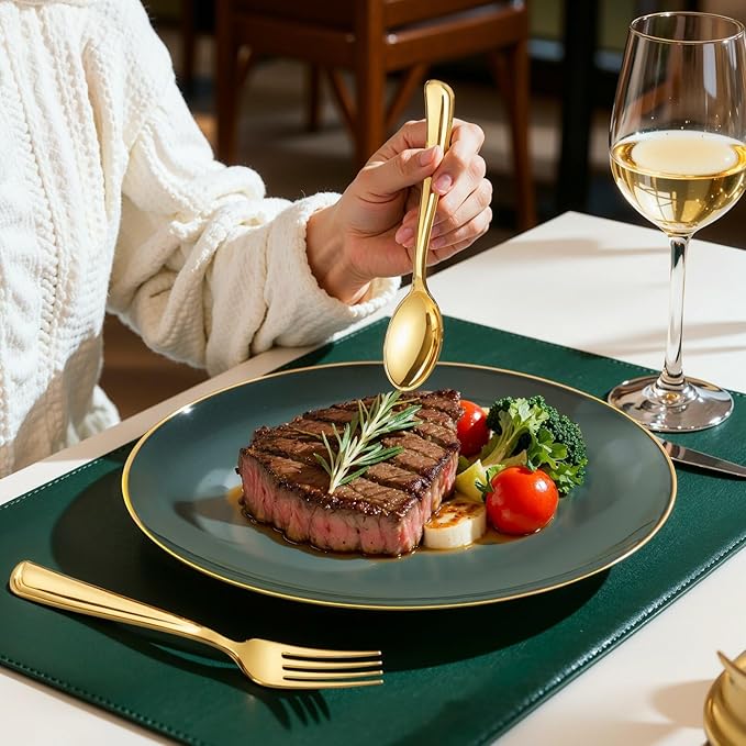 WDF 150Pcs Green Plastic Plates - Green Plates Disposable with Gold Rim - 25Guest Disposable Dinnerware Include 50 Plastic Plate, 75 Gold Cutlery & 25 9oz Cups for Wedding/Party/Birthday